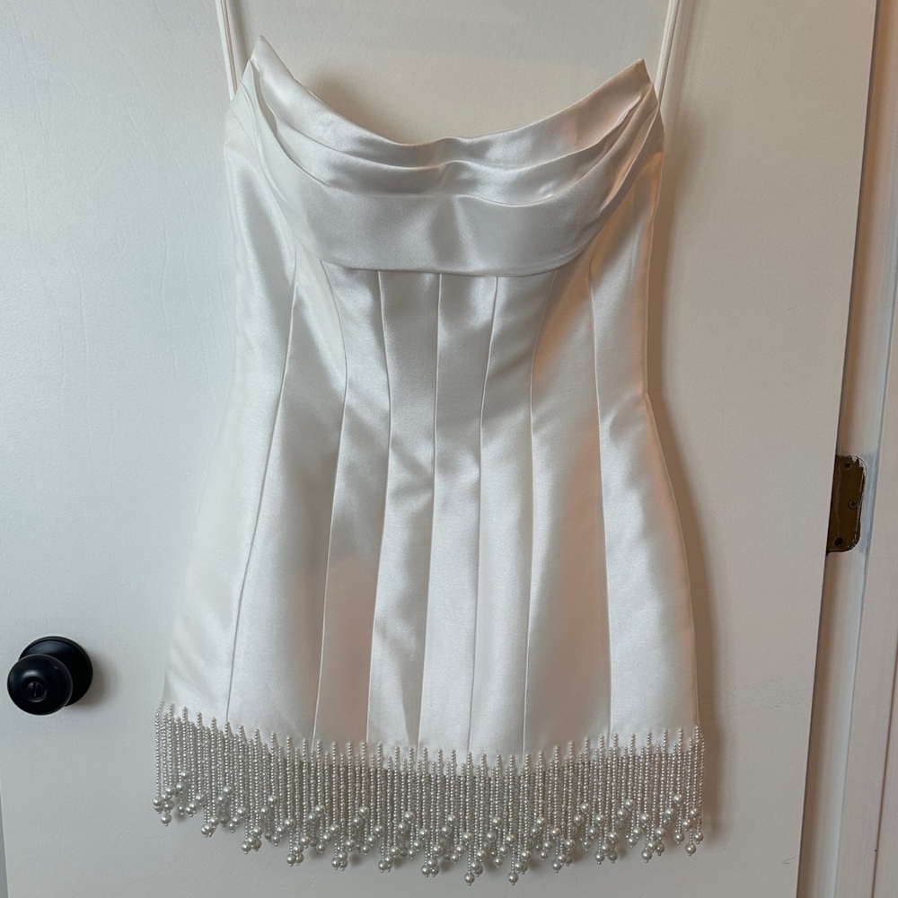 Elegant White Satin Beaded Fringe Wedding Mini Dress